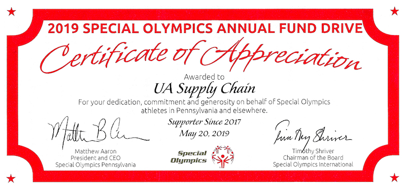 2019 special olympics annual fund drive certificate of appreciation - UA Supply Chain